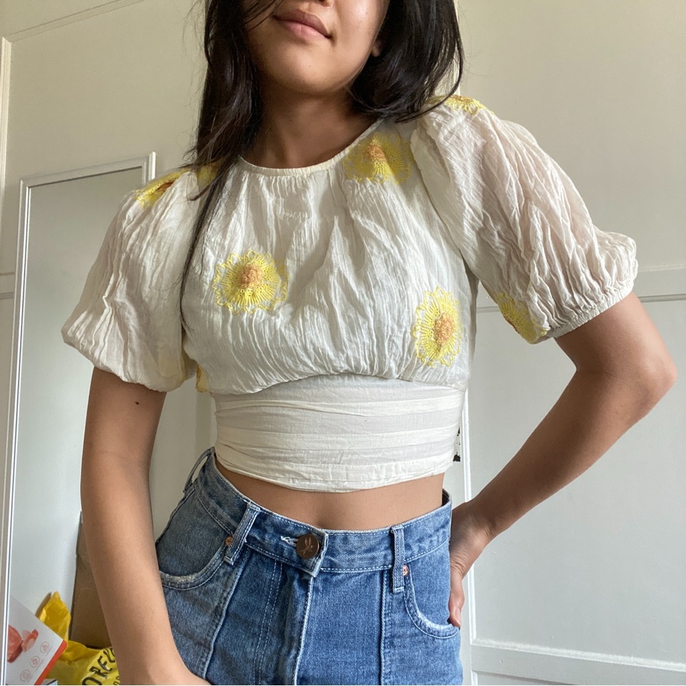 Free People Puff Sleeve Embroidered Flower Top